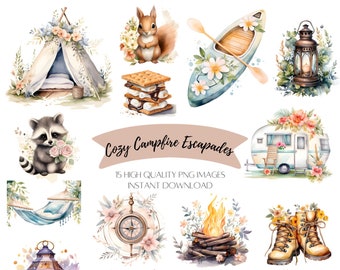Cozy Campfire Escapades Clipart - 15 HQ Digital PNGs -  Transparent Background, Watercolor, Scrapbooking, Journaling