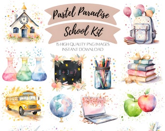 Pastel Paradise School Kit Clipart - 15 HQ Digital PNGs -  Transparent Background, Watercolor, Scrapbooking, Journaling