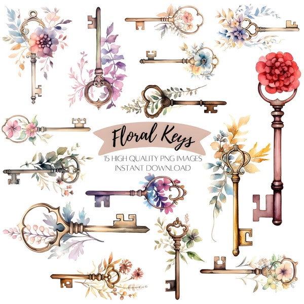Floral Skeleton Keys Clipart - 15 HQ Digital PNGs -  Transparent Background, Watercolor, Scrapbooking, Junk Journaling, Crafting, Posters