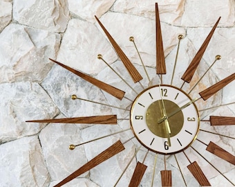 Mid-Century Modern Starburst Clock Handmade Brass Oak Wood Statement Piece Home Decor Gift Interior Design Unique Living Room Office Bedroom