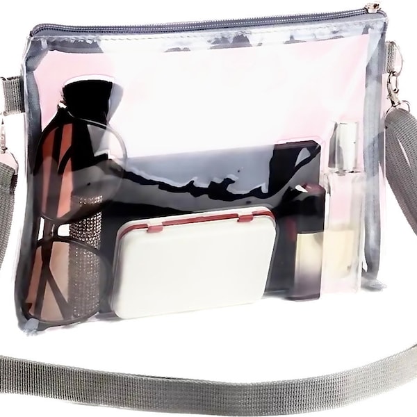 Clear Crossbody Bag with 2 Detachable Straps - Wristlet - Stadium, Concert, Festival, School & Sporting Event Approved (Gray)