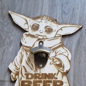 Star Wars GROGU wall mounted beer bottle opener laser cut files Glowforge lightburn svg dxf