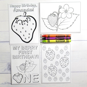 Strawberry coloring pages and crayons - 1 bag (1 child) - Strawberry party favors - My Berry First Birthday themed party ONE - Personalized