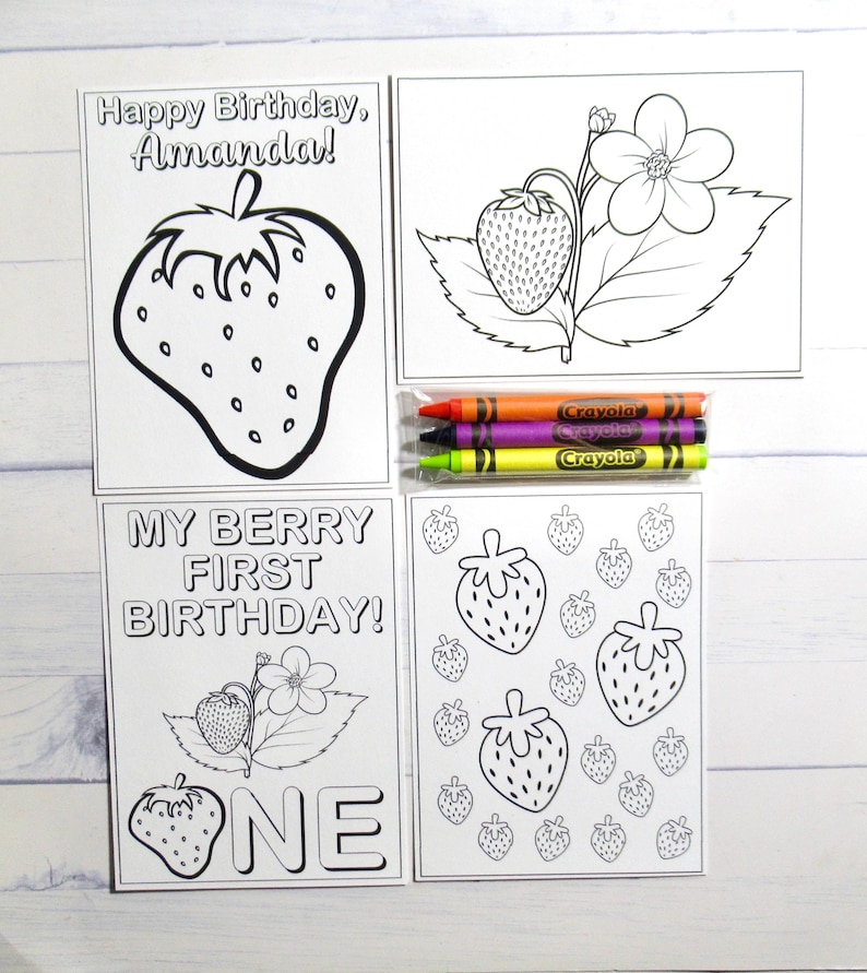 Strawberry coloring pages and crayons - 1 bag (1 child) - Strawberry party favors - My Berry First Birthday themed party ONE - Personalized