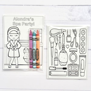 May include: A black and white coloring page featuring a girl in a robe and spa items. The page is packaged with three crayons in a clear plastic bag. The text on the page reads "Alondra's Spa Party!"