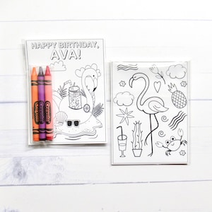 Flamingo coloring pages and crayons - 1 bag (1 child) - Flamingo party favors - Flamingo Beach Birthday party - Aloha one - Tropical party