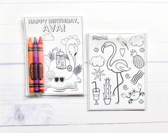 May include: A coloring page set with a flamingo, pineapple, and other tropical designs. The set includes three crayons and a card that says "Happy Birthday, Ava!"
