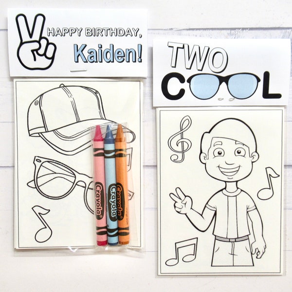 Two Cool Boy mini coloring pages and crayons - 1 bag (1 child) - Two Cool  party favors - Summer party favors -  Boy 2nd Birthday Party