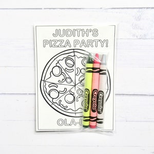 May include: A coloring page featuring a pizza with the text "Judith's Pizza Party!" and "Ola-L" at the bottom. Three Crayola crayons are included: green, pink, and white.