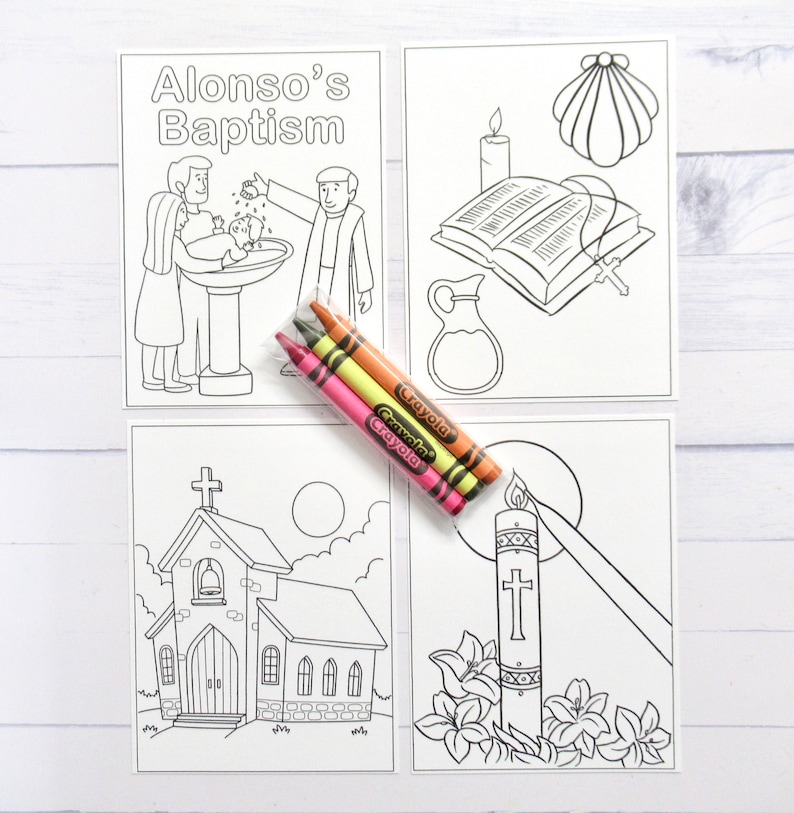 May include: Four black and white coloring pages with the title "Alonso's Baptism" at the top of the first page. The pages depict a baptism, a church, a bible, a candle, and a shell. Three crayons are included.