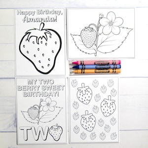 Strawberry coloring pages and crayons - 1 bag (1 child) - Strawberry party favors - My Berry First Birthday themed party TWO - Personalized