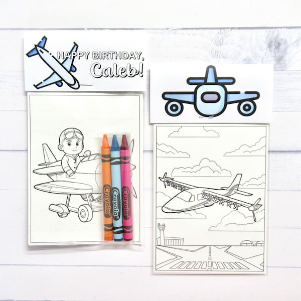 Airplane coloring pages and crayons - 1 bag (1 child) - Airplane party favors - Aviation themed party