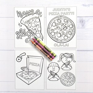 May include: Four black and white coloring pages featuring pizza. The first page says "have a slice". The second page says "Judith's Pizza Party! Ola-la!" The third page shows a pizza box with a pizza inside. The fourth page shows two children eating pizza slices and a whole pizza.
