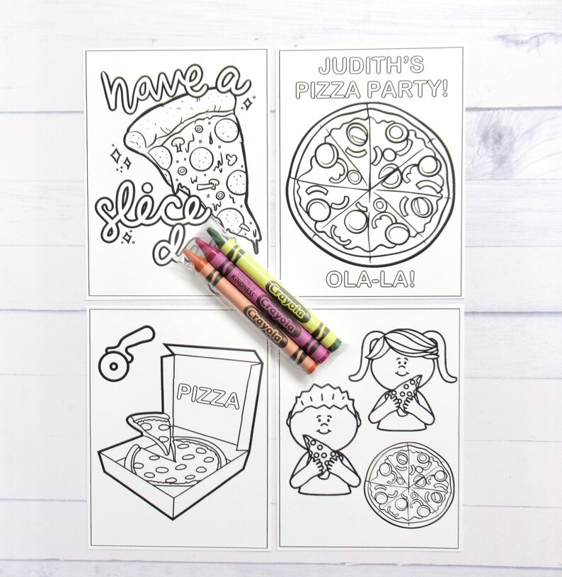 May include: Four black and white coloring pages featuring pizza. The first page says "have a slice". The second page says "Judith's Pizza Party! Ola-la!" The third page shows a pizza box with a pizza inside. The fourth page shows two children eating pizza slices and a whole pizza.