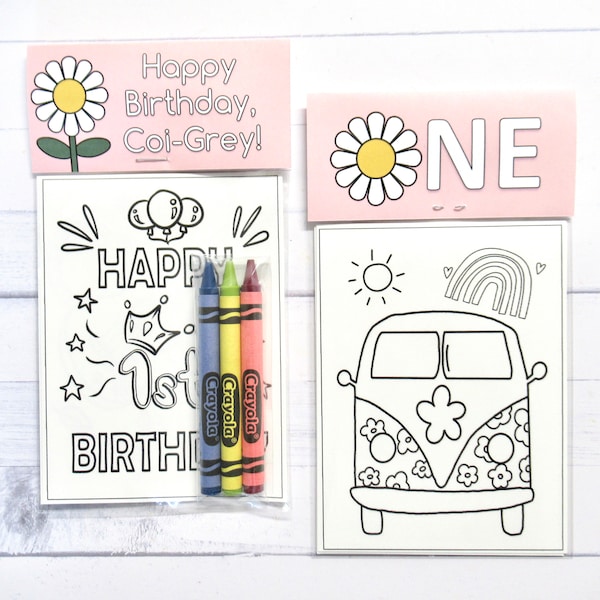 Retro Daisy wild One and wild two mini coloring pages and crayons - 1 bag (1 child) - Boho party favor - Groovy One - Groovy Two