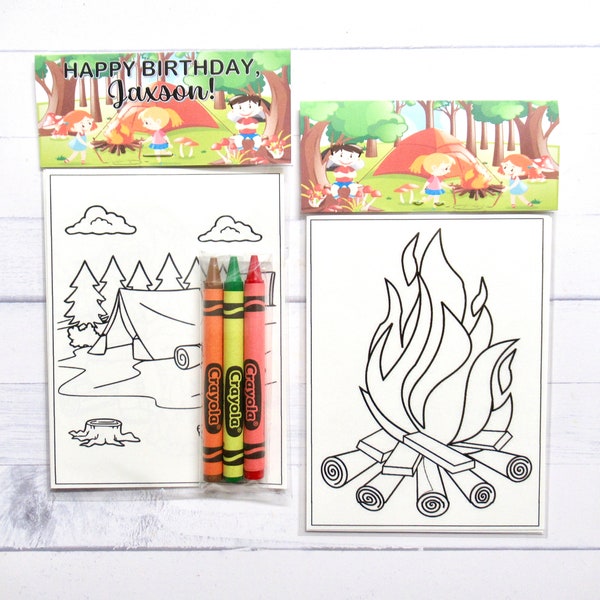 Kids Camping coloring pages and crayons - 1 bag (1 child) - Camping party favors - Camping themed party