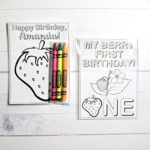 Strawberry coloring pages and crayons - 1 bag (1 child) - Strawberry party favors - My Berry First Birthday themed party image 1