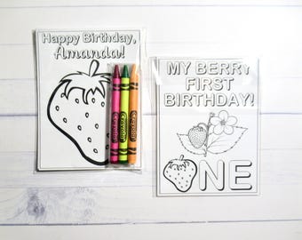 Strawberry coloring pages and crayons - 1 bag (1 child) - Strawberry party favors - My Berry First Birthday themed party