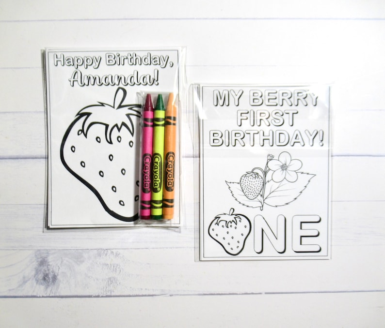 Strawberry coloring pages and crayons - 1 bag (1 child) - Strawberry party favors - My Berry First Birthday themed party image 1