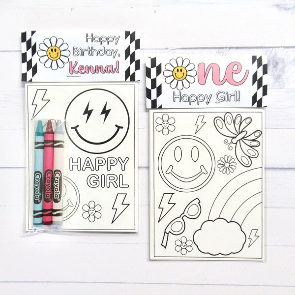 Retro One Happy Girl coloring pages and crayons - 1 bag (1 child) - Smiley party favors - One Smiley Girl themed party - One Happy Babe