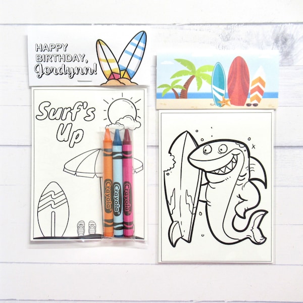 Surf coloring pages and crayons - 1 bag (1 child) - Surf party favors - Surfing themed party