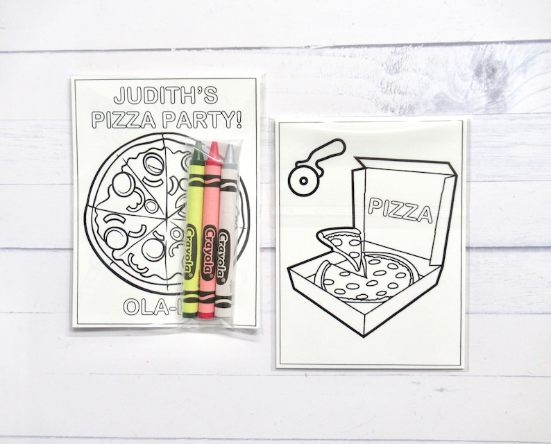 May include: A coloring page set for a pizza party. The set includes a coloring page with a pizza in a box, a pizza cutter, and a pizza slice. The second coloring page features a pizza with a slice removed. The set also includes three crayons in a plastic bag.