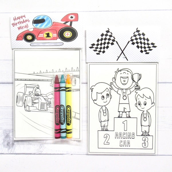 Vintage Race Car mini coloring pages and crayons - 1 bag (1 child) - Race car party favors - Formula one Birthday theme