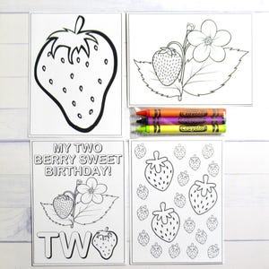 Strawberry coloring pages and crayons - 1 bag (1 child) - Strawberry party favors - My Berry First Birthday themed party TWO - NoPersonalized
