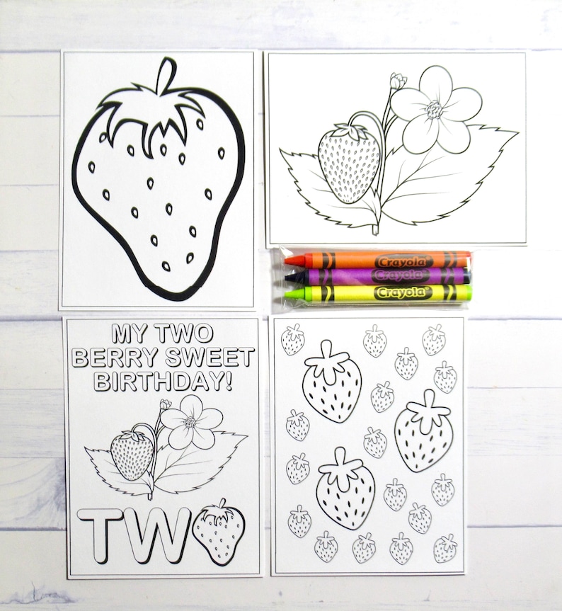 Strawberry coloring pages and crayons - 1 bag (1 child) - Strawberry party favors - My Berry First Birthday themed party TWO - NoPersonalized