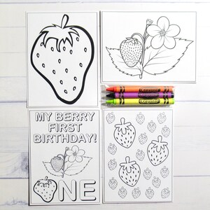 Strawberry coloring pages and crayons - 1 bag (1 child) - Strawberry party favors - My Berry First Birthday themed party ONE - NoPersonalized