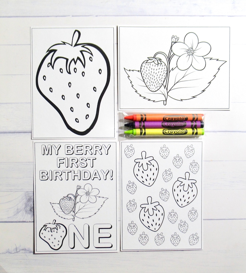 Strawberry coloring pages and crayons - 1 bag (1 child) - Strawberry party favors - My Berry First Birthday themed party ONE - NoPersonalized