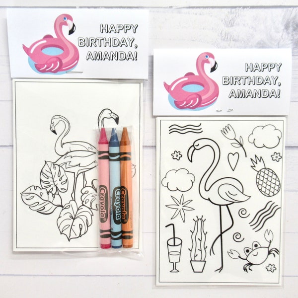 Flamingo coloring pages and crayons - 1 bag (1 child) - Flamingo party favors - Flamingo Beach Birthday party - Aloha one - Tropical party