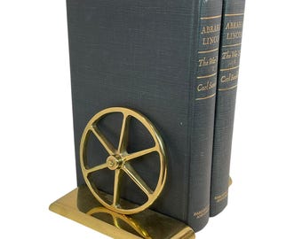 1970s Wagon Wheel Bookends Solid Brass Set of 2 Virginia Metal