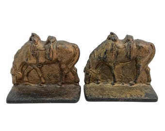 Horse Bookends Grazing Horses Cast Iron w Gold Antique Set of 2