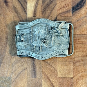 Vintage "Colorado Is What America Was" Bergamot Belt Buckle Silver Elk Eagle