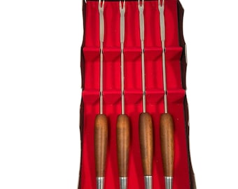 Ernest Sohn Fondue Forks Stainless Steel Teak Wood Set Of 4 MCM Mid Century NOS