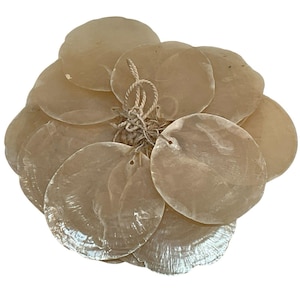 May include: A collection of circular, translucent, off-white capiz shell discs. Each thin, flat shell features a small pre-drilled hole near the top edge. The discs are bundled together and secured with a piece of natural-colored twisted twine.