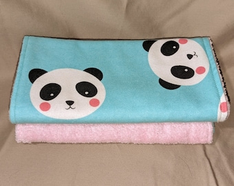 Baby Burp Cloth - Super Soft Nursery Flannel and Terrycloth - Pink with Pandas - 8"x16"