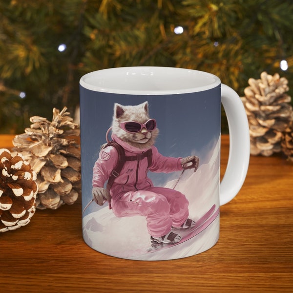 Cat Skiing Downhill Mug, Cat Down Hill Skiing Mug, Cat In Pink Ski Suit Mug, Cat Mom Mug, Cat Lover Christmas Gift Mug, Ski Lover Mug