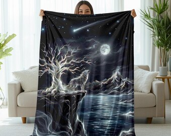 Wolf Blanket Gift For Wolf Throw Blanket Fan Gift For Wolf Lover Gift For Wildlife Lover, Wolf Bedding, Smoke-like Line Art Wolf Fan Throw