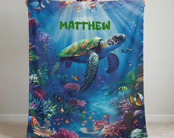Personalized Sea Turtle Blanket Gift For Sea Turtle lover Throw, Ocean Fan Throw Gift For Sea Life Fan Blanket Gift For Marine Life Throw