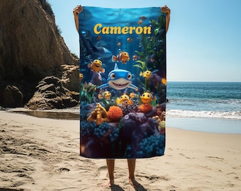 Personalized Shark Beach Towel, Custom Name Kids Pool Towel, Gift Idea For Boy Gift For Girl Birthday Gift, Custom Name Beach Towel Gift