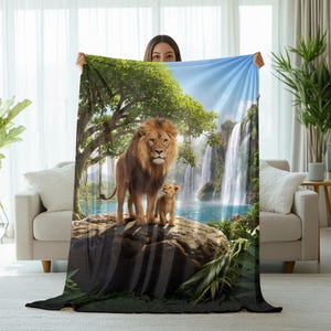 Male Lion and Cub Blanket Gift For Lion Fan, Wildlife Lover Blanket, Lion Lover Throw,  Jungle Animal Theme Decor Gift, Cozy Lion Throw