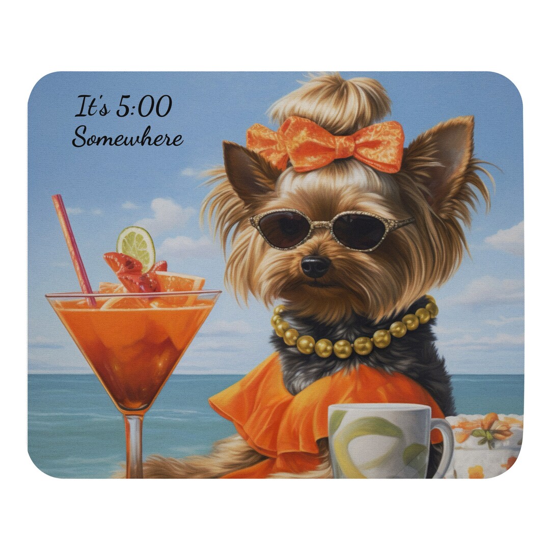 Yorkie at the Beach Mouse Pad Yorkie Drinking Cocktail Mouse Etsy