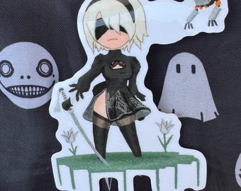 Nier Automata 2B with skirt and Pod 042 Transparent sticker