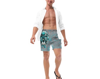 Tie-Dye Metallic Mystique: Turquoise Stone Adorned Jewelry Skull Men's Swim Trunks. Dark, Macabre Elegance, Boho Gothic Beach Bathing Shorts