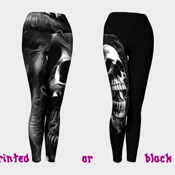 Skull Transcendance : Trippy Dance in the Whirlwind of Now Leggings. Taille haute confortable, pantalon extensible. Option arrière-plan noir ou imprimé