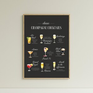 Champagne Cocktails Recipe Print,Drink Bar Poster, Kitchen Decor, Cocktail Art, Cocktail How To, Kitchen Art,Cocktail Gift,Classic Cocktails