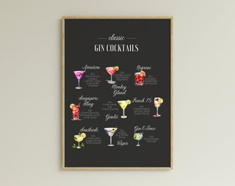 Gin Cocktails Recipe Art Print: Bar Kitchen Decor (Digital Download)