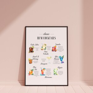 Rum Cocktails Recipe Print, Drink Bar Poster, Kitchen Decor, Cocktail Art, Cocktail How To, Kitchen Art, Cocktail Gift, Classic Cocktail